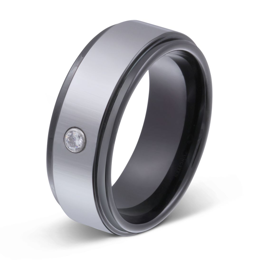 Bernard Damen Wolfram Ring mit Gravur, Verlobungsring in Silber-Schwarz | Wolframring | damen, ring, schwarz, silber, wolfram, wolframring, zirkonia | schmuckmitgravur.de