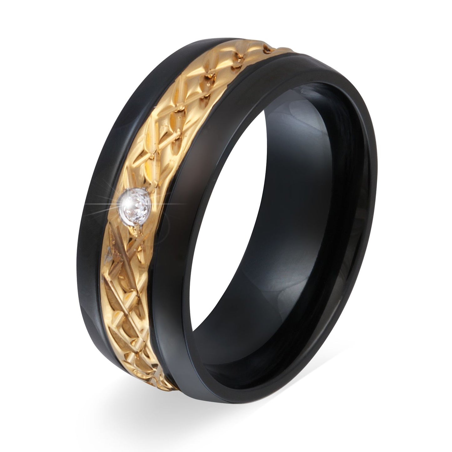 Dynhin Damen Ring mit Gravur, Edelstahlring in Schwarz-Gold | Edelstahlring | damen, edelstahl, edelstahlring, gold, ring, schwarz, zirkonia | schmuckmitgravur.de